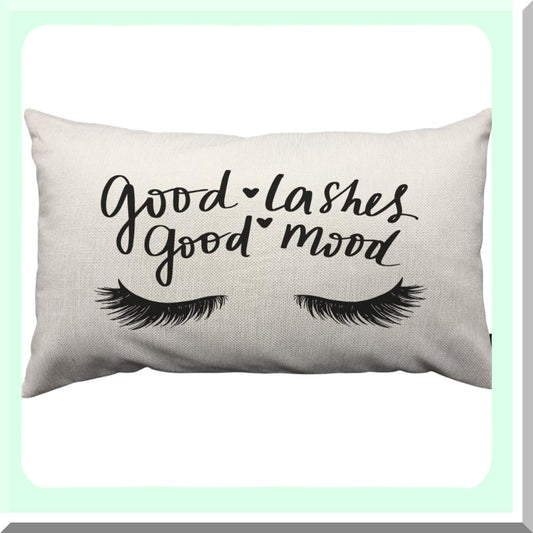 Linen Lash Quote Pillow Cover - Hand Sketched Cushion for Couch Bed Sofa Car - Good Lashes Good Mood - 12 x 20 inch Case