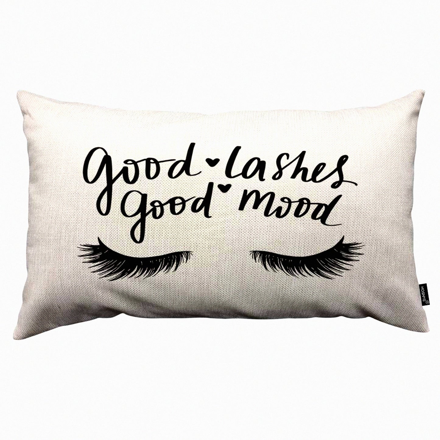 Linen Lash Quote Pillow Cover - Hand Sketched Cushion for Couch Bed Sofa Car - Good Lashes Good Mood - 12 x 20 inch Case