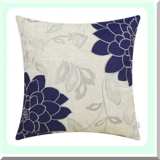 Vintage Dahlia Floral Embroidered Throw Pillow Cover - Navy Blue & Silver - 20x20 Inch - Couch Sofa Home Decoration - High Cl Quality