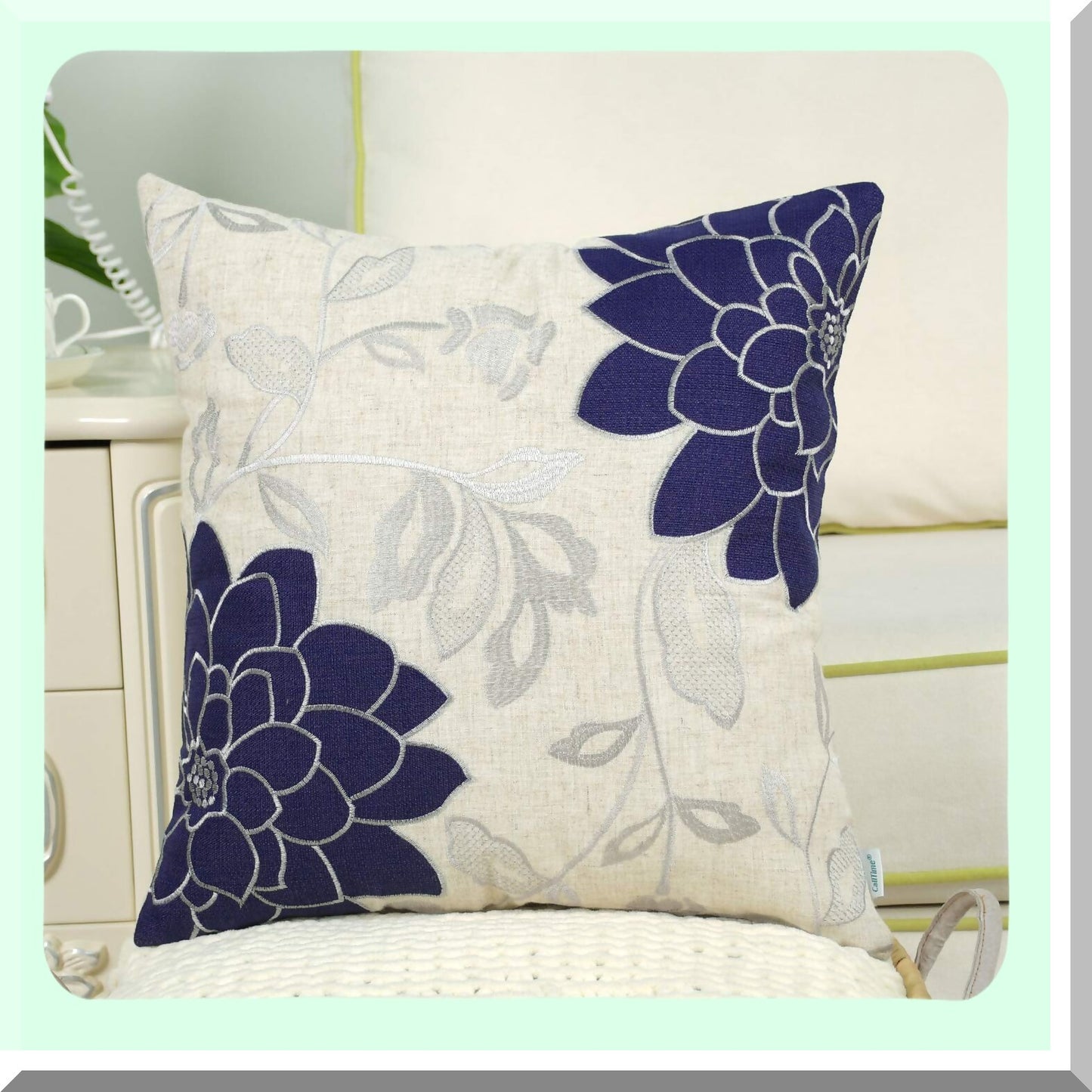 Vintage Dahlia Floral Embroidered Throw Pillow Cover - Navy Blue & Silver - 20x20 Inch - Couch Sofa Home Decoration - High Cl Quality