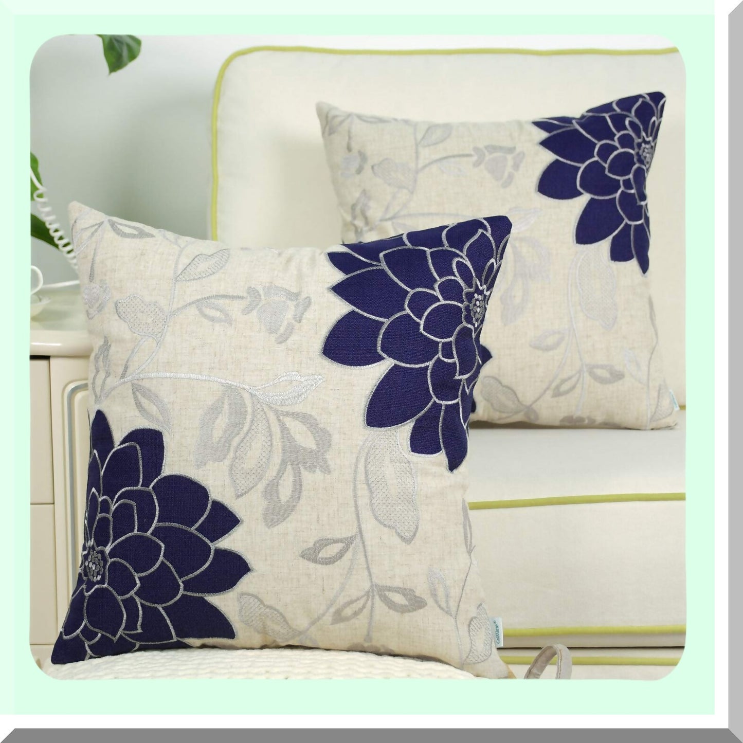 Vintage Dahlia Floral Embroidered Throw Pillow Cover - Navy Blue & Silver - 20x20 Inch - Couch Sofa Home Decoration - High Cl Quality