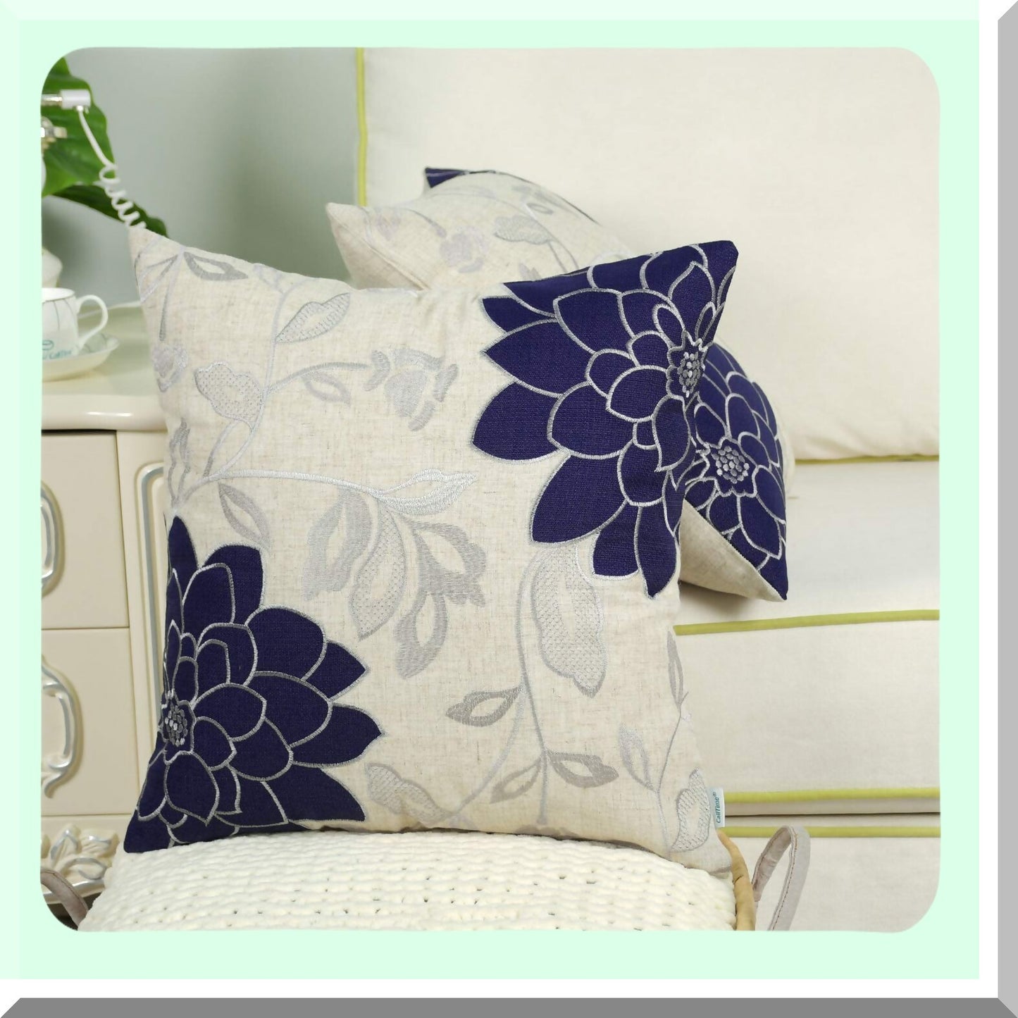 Vintage Dahlia Floral Embroidered Throw Pillow Cover - Navy Blue & Silver - 20x20 Inch - Couch Sofa Home Decoration - High Cl Quality