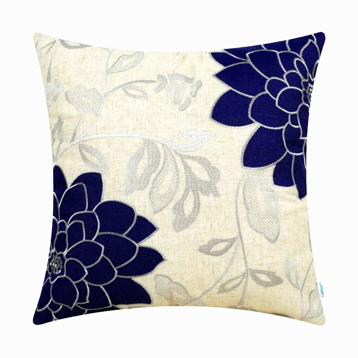 Vintage Dahlia Floral Embroidered Throw Pillow Cover - Navy Blue & Silver - 20x20 Inch - Couch Sofa Home Decoration - High Cl Quality