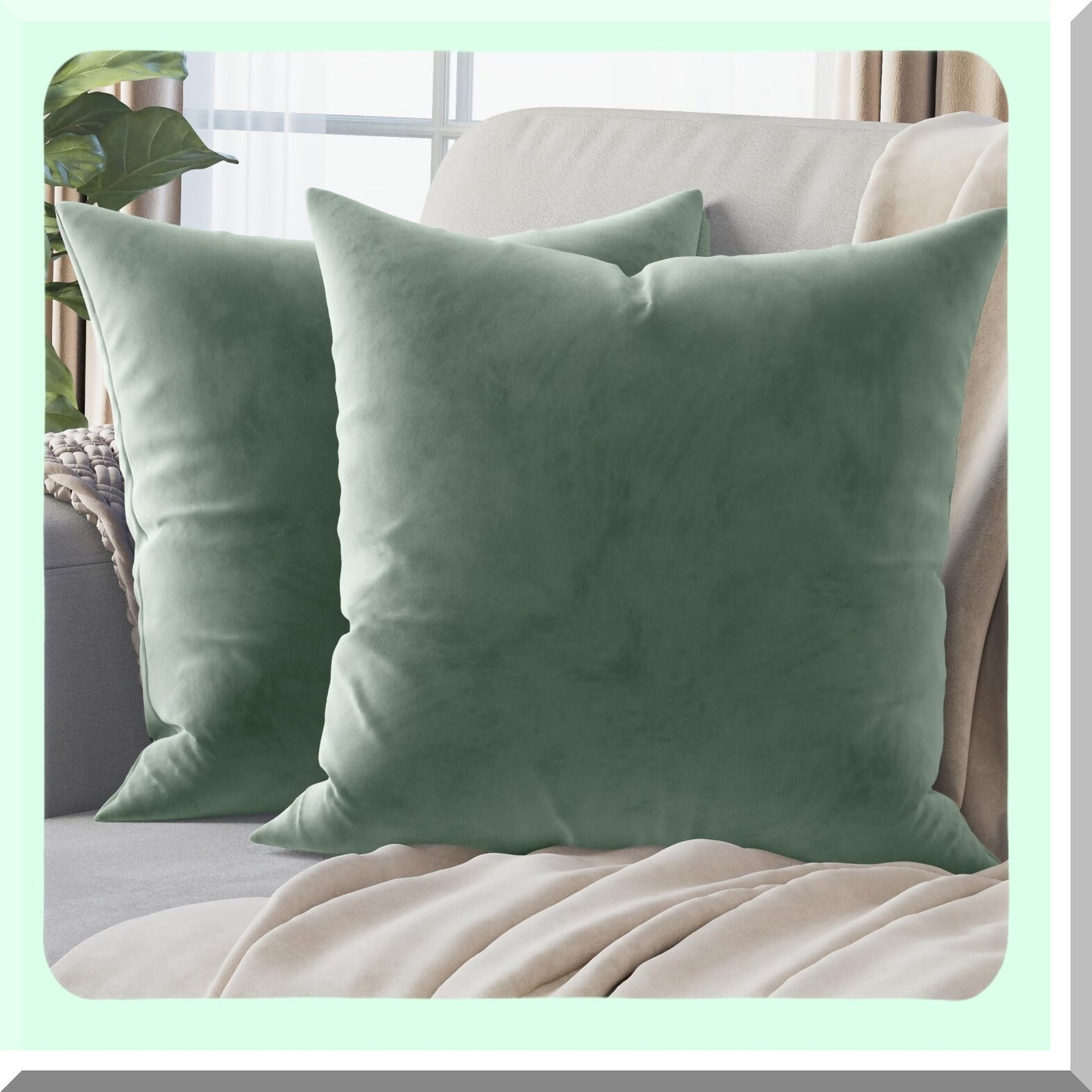 Sage Green Velvet Pillowcase Set - Washable Decorative Throw Pillow Covers for Couch or Bed - Premium Fabric - 18x18 - Set of 2