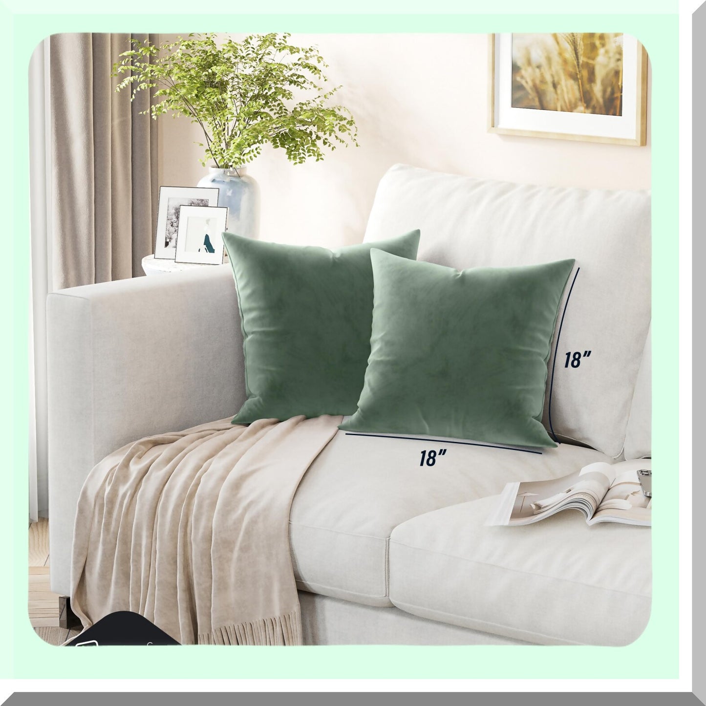Sage Green Velvet Pillowcase Set - Washable Decorative Throw Pillow Covers for Couch or Bed - Premium Fabric - 18x18 - Set of 2