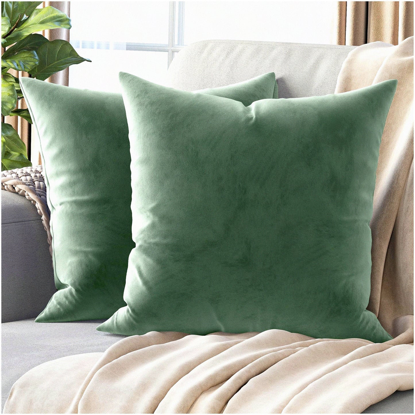 Sage Green Velvet Pillowcase Set - Washable Decorative Throw Pillow Covers for Couch or Bed - Premium Fabric - 18x18 - Set of 2