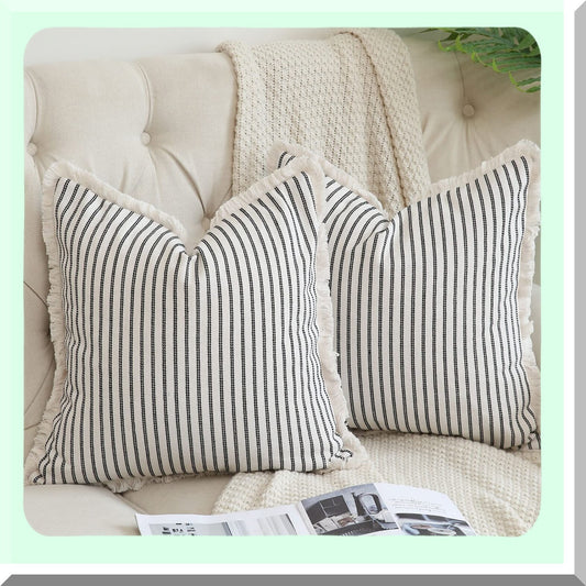 Chic Striped Fringe Pillow Covers - Set of 2 18x18 Cotton Square Cushion Covers for Sofa Couch Bed - Farmhouse Decorative Pillows Black