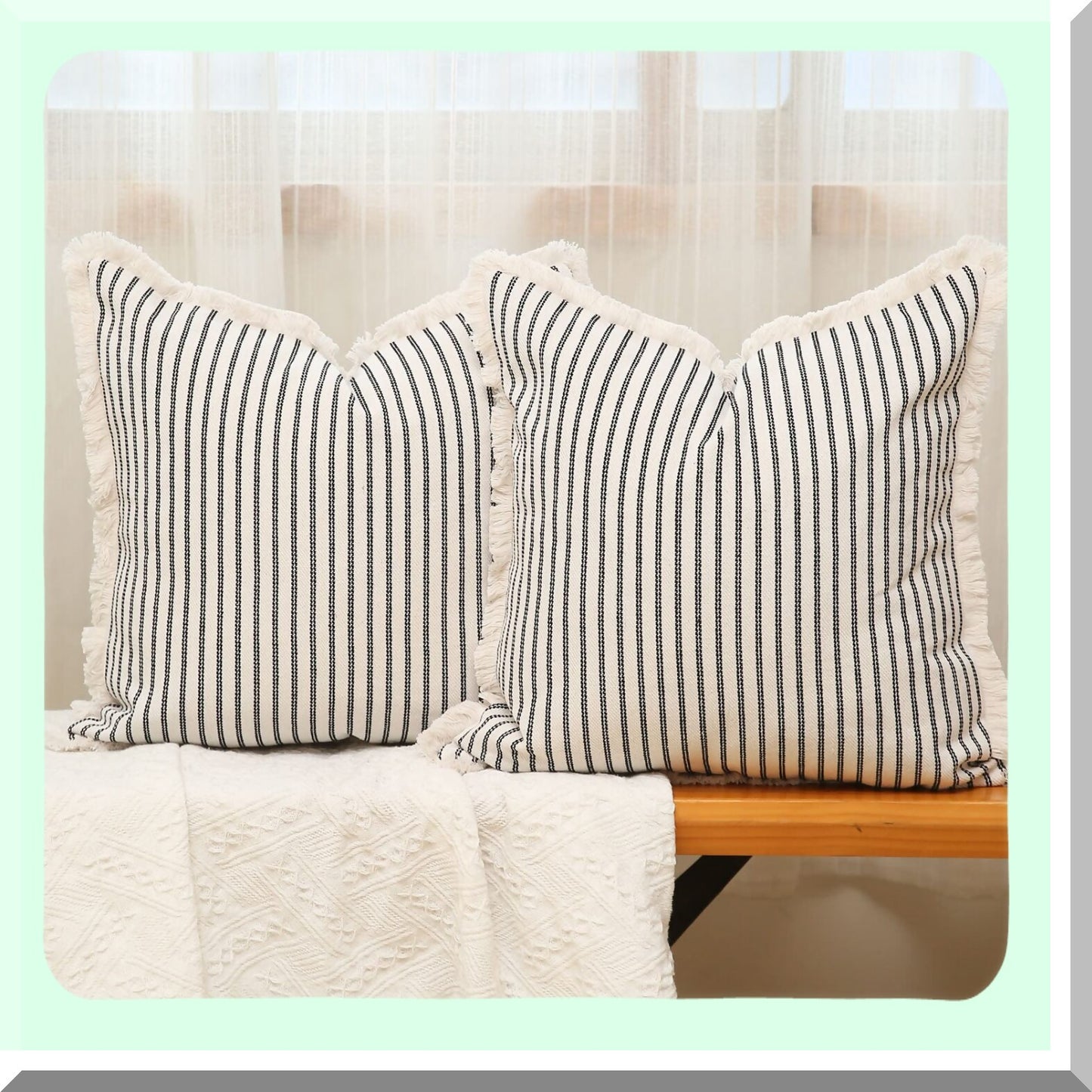 Chic Striped Fringe Pillow Covers - Set of 2 18x18 Cotton Square Cushion Covers for Sofa Couch Bed - Farmhouse Decorative Pillows Black