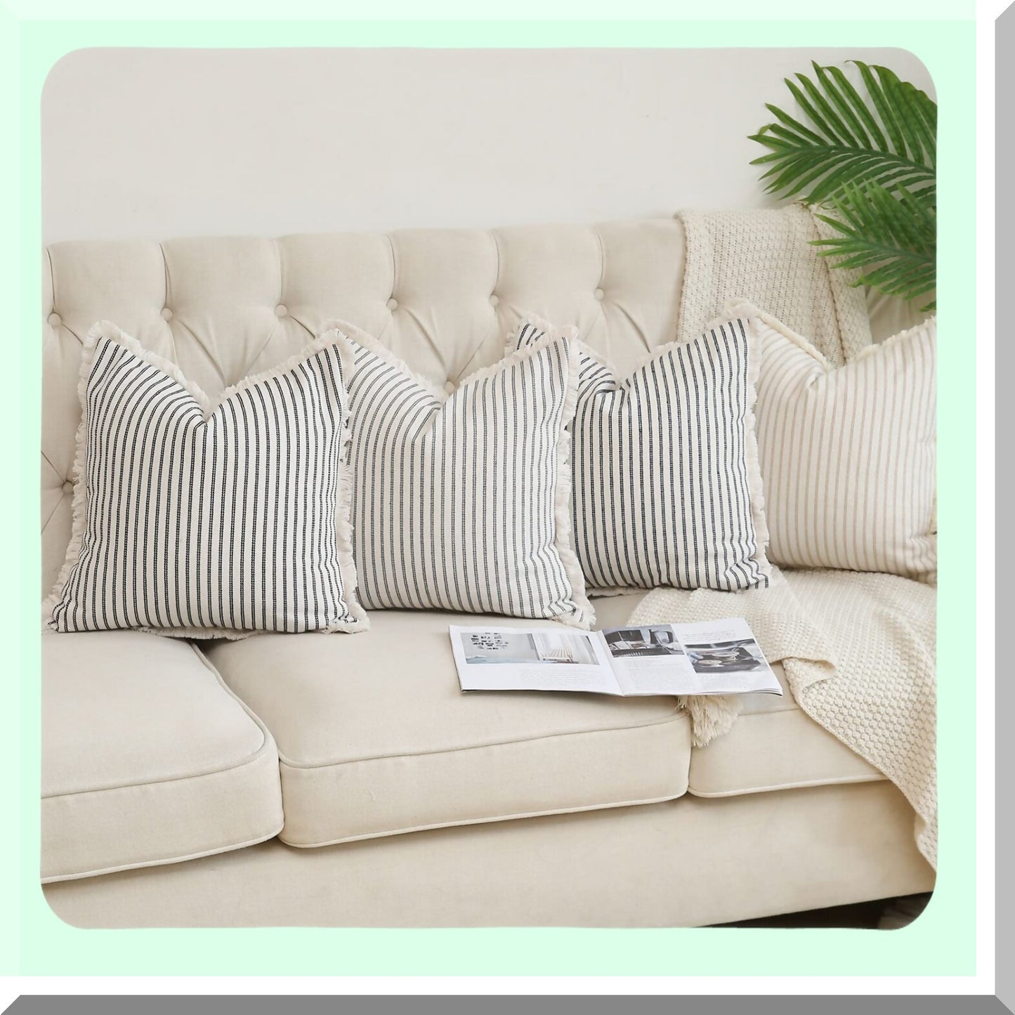 Chic Striped Fringe Pillow Covers - Set of 2 18x18 Cotton Square Cushion Covers for Sofa Couch Bed - Farmhouse Decorative Pillows Black