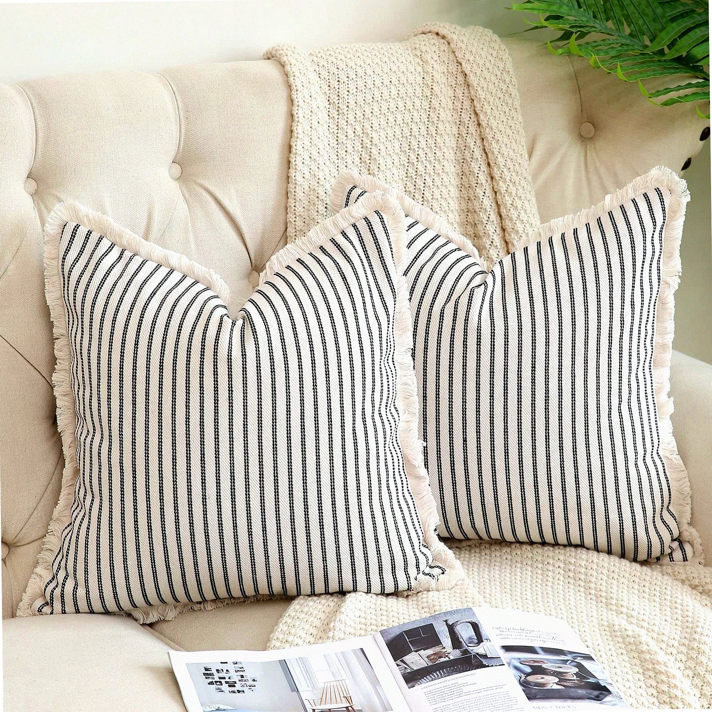 Chic Striped Fringe Pillow Covers - Set of 2 18x18 Cotton Square Cushion Covers for Sofa Couch Bed - Farmhouse Decorative Pillows Black