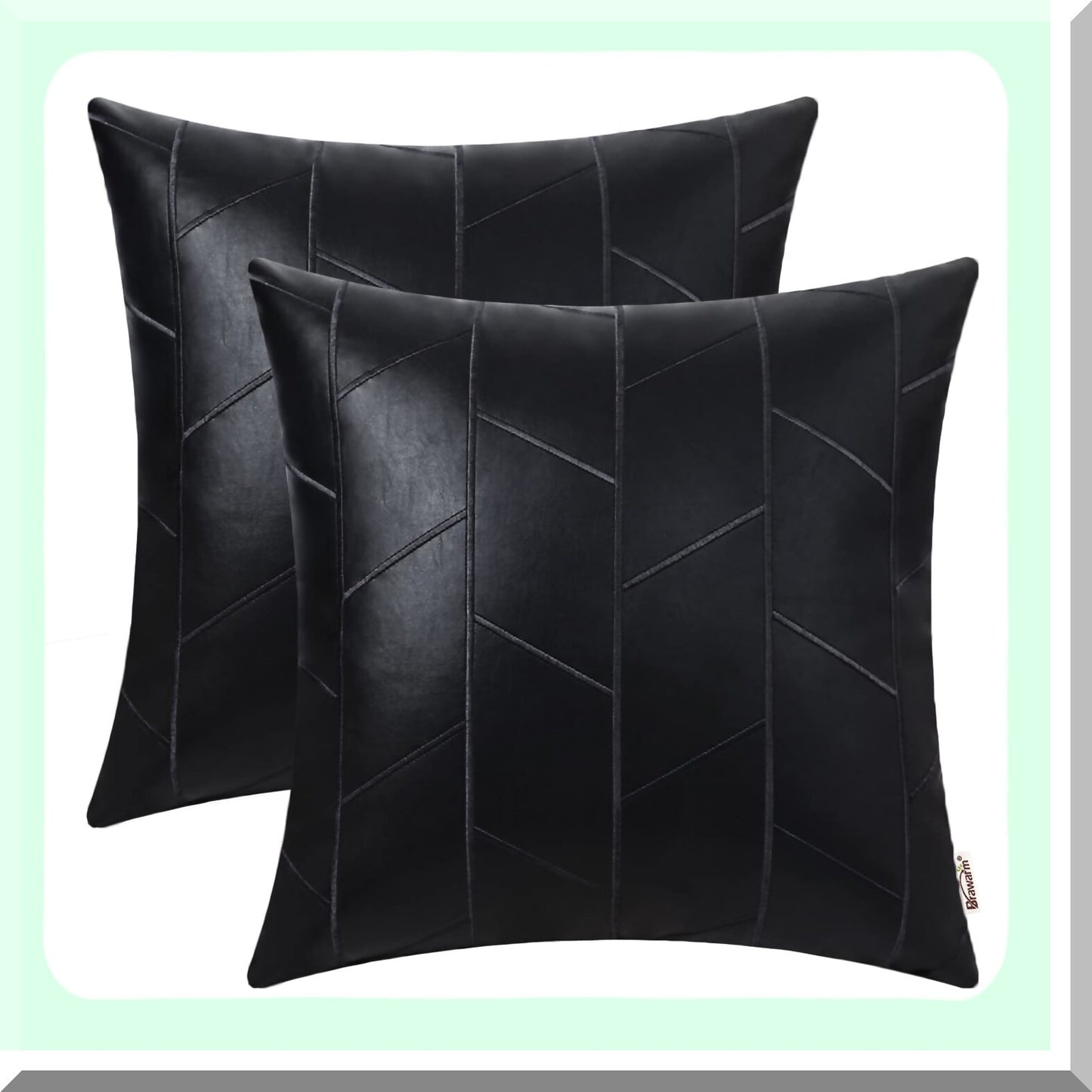 Black Leather Geometric Embroidery Pillow Covers - Set of 2, 18 X 18 Inches - Decorative Throw Pillows for Living Room Couch Bed Sofa Home