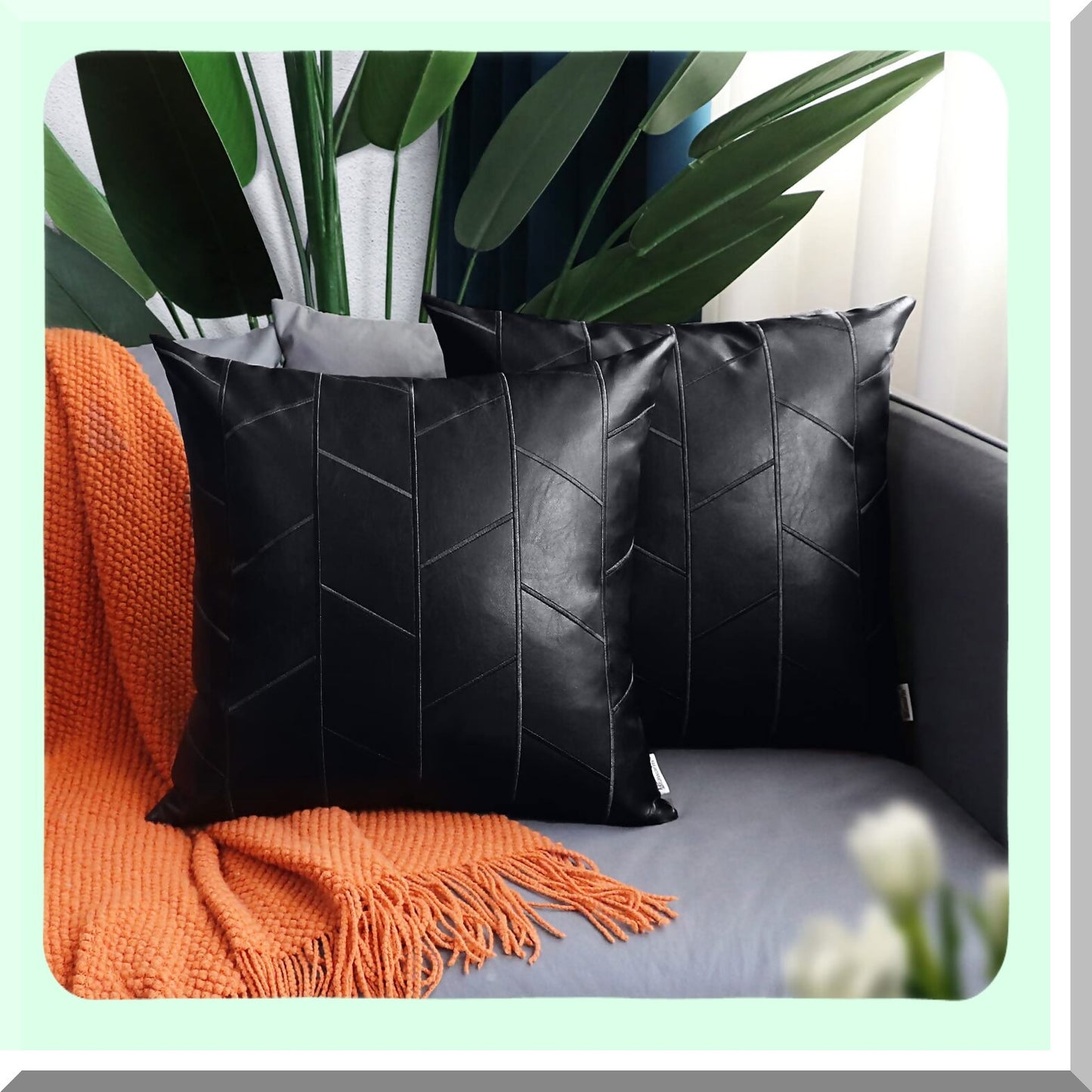 Black Leather Geometric Embroidery Pillow Covers - Set of 2, 18 X 18 Inches - Decorative Throw Pillows for Living Room Couch Bed Sofa Home