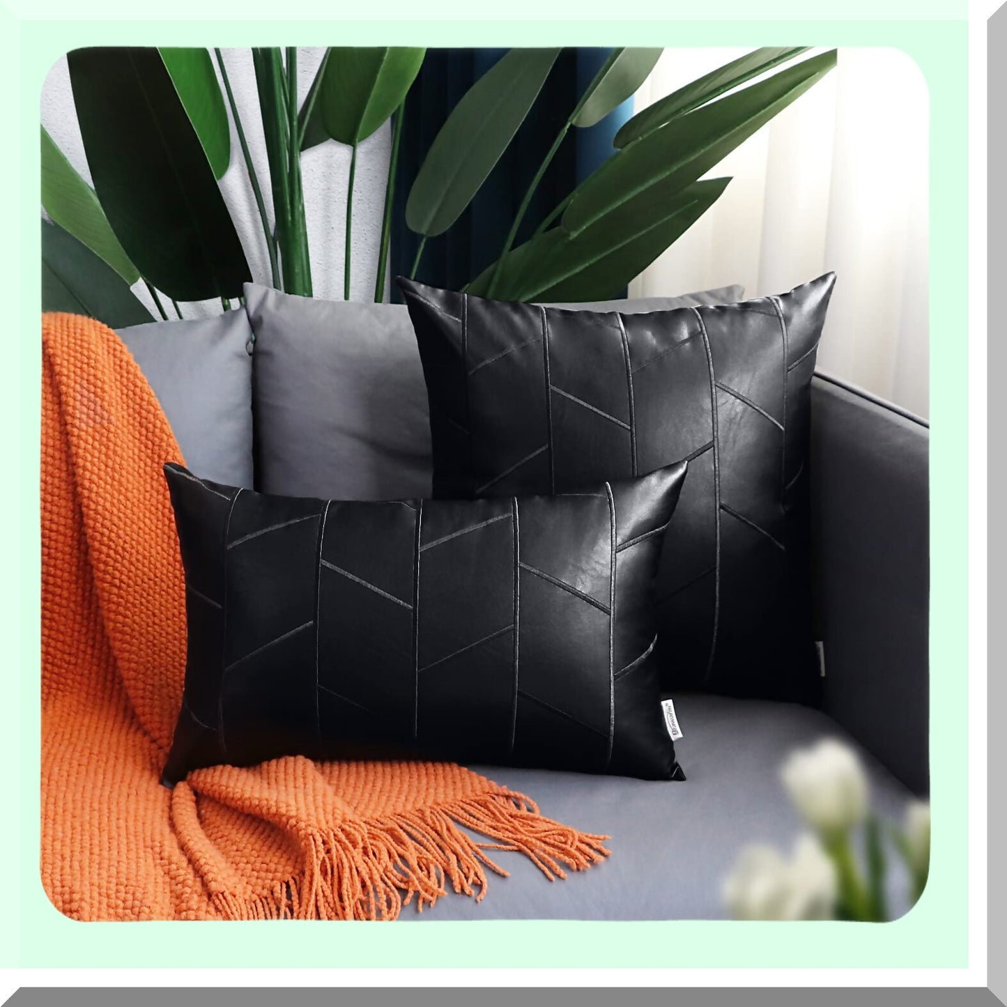 Black Leather Geometric Embroidery Pillow Covers - Set of 2, 18 X 18 Inches - Decorative Throw Pillows for Living Room Couch Bed Sofa Home
