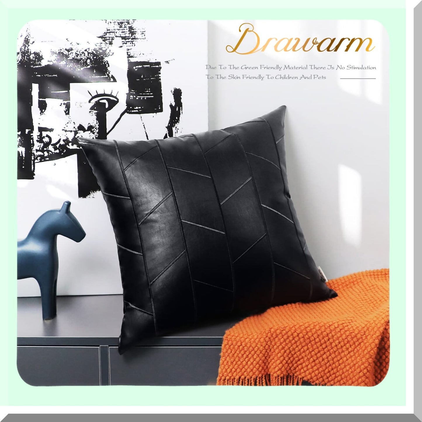 Black Leather Geometric Embroidery Pillow Covers - Set of 2, 18 X 18 Inches - Decorative Throw Pillows for Living Room Couch Bed Sofa Home