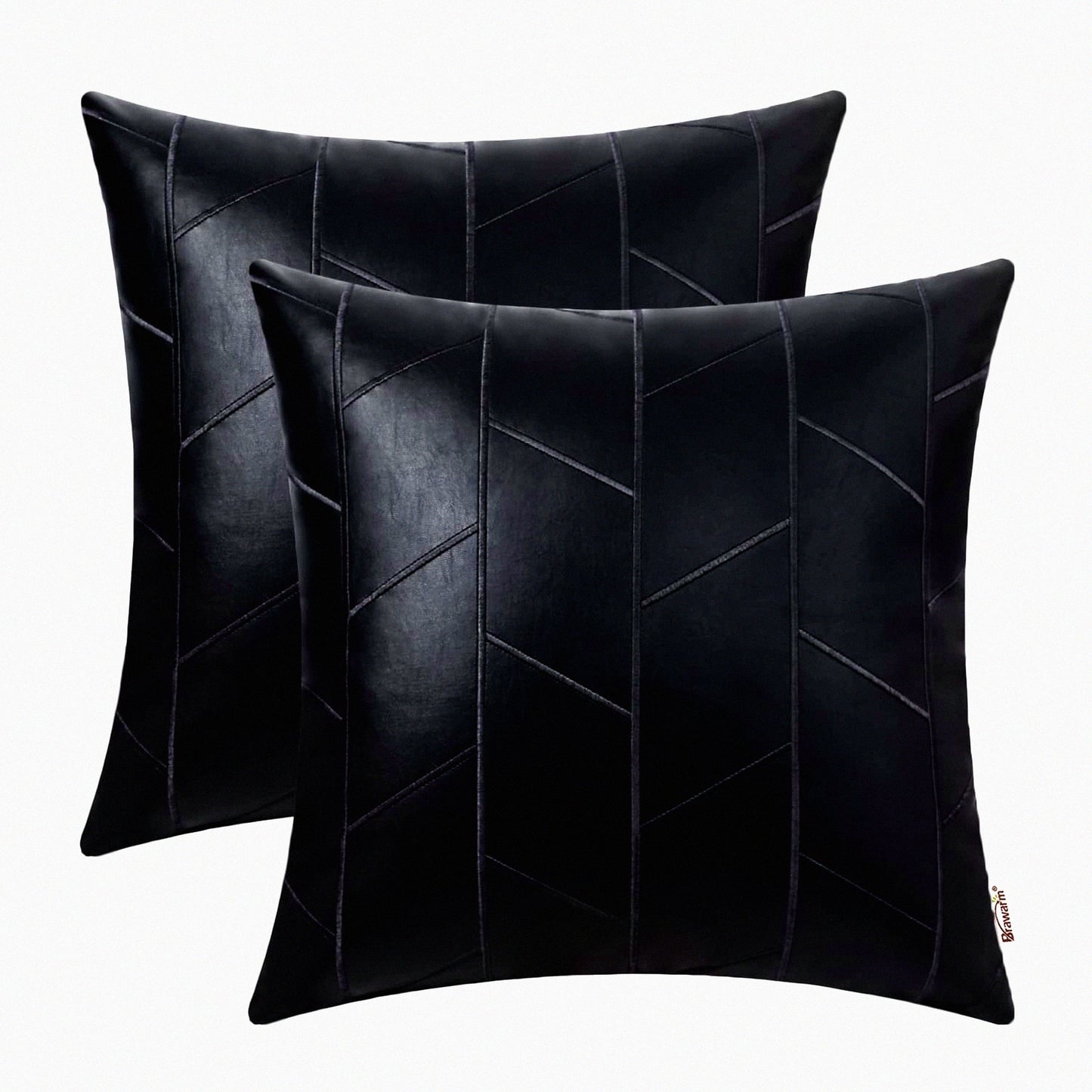 Black Leather Geometric Embroidery Pillow Covers - Set of 2, 18 X 18 Inches - Decorative Throw Pillows for Living Room Couch Bed Sofa Home