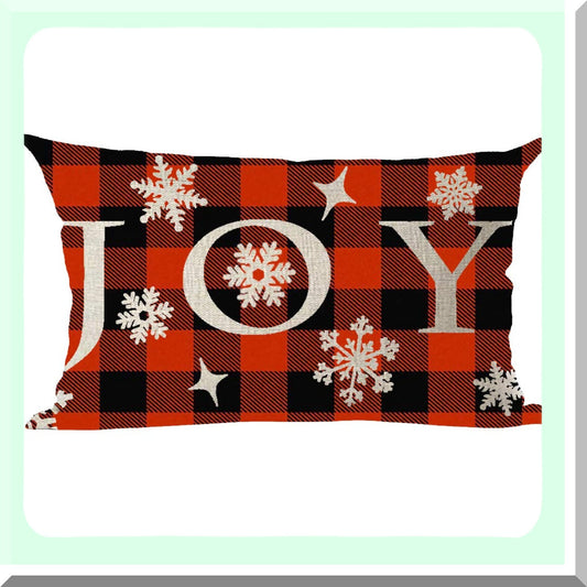 Snowflake Joy Decorative Lumbar Pillow Cover - Red Black Plaid Stars Wine Theme - Home Living Room Bed Sofa Car Cotton Linen Rectangular 12 x 20 Inches