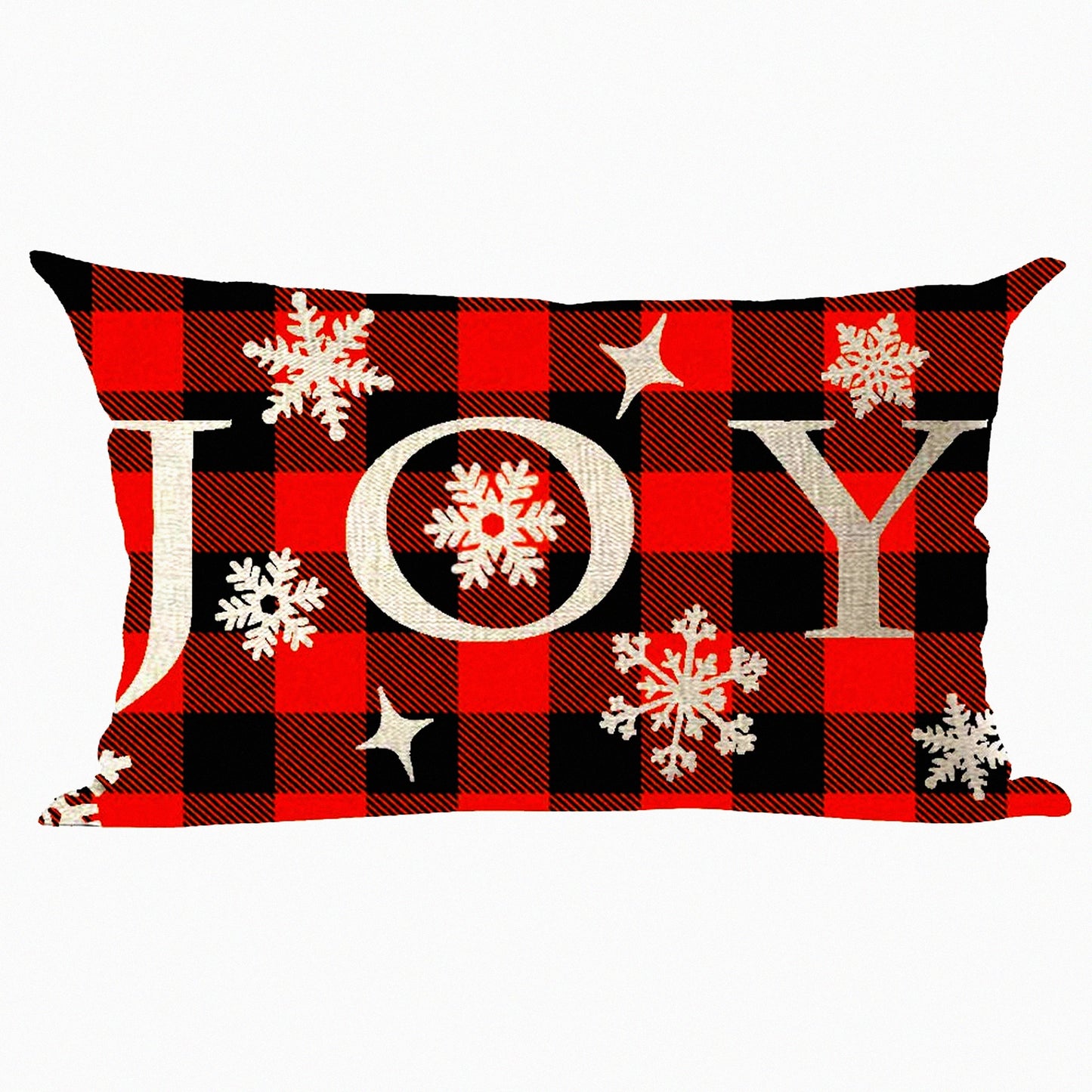 Snowflake Joy Decorative Lumbar Pillow Cover - Red Black Plaid Stars Wine Theme - Home Living Room Bed Sofa Car Cotton Linen Rectangular 12 x 20 Inches