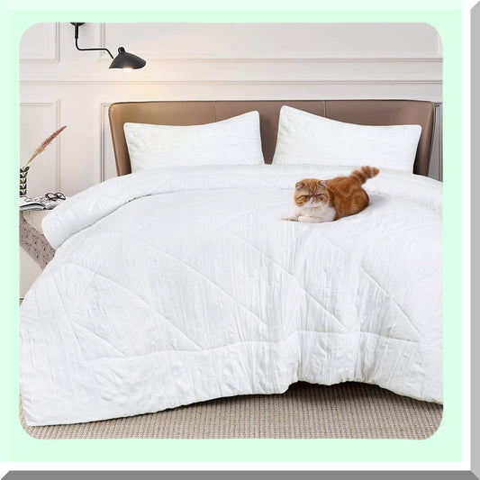 CrinkleSoft Queen Comforter Set - All Season Microfiber Bedding (3 Pieces: 1 Comforter, 2 Pillowcases) - White - Cozy Sleep Essentials