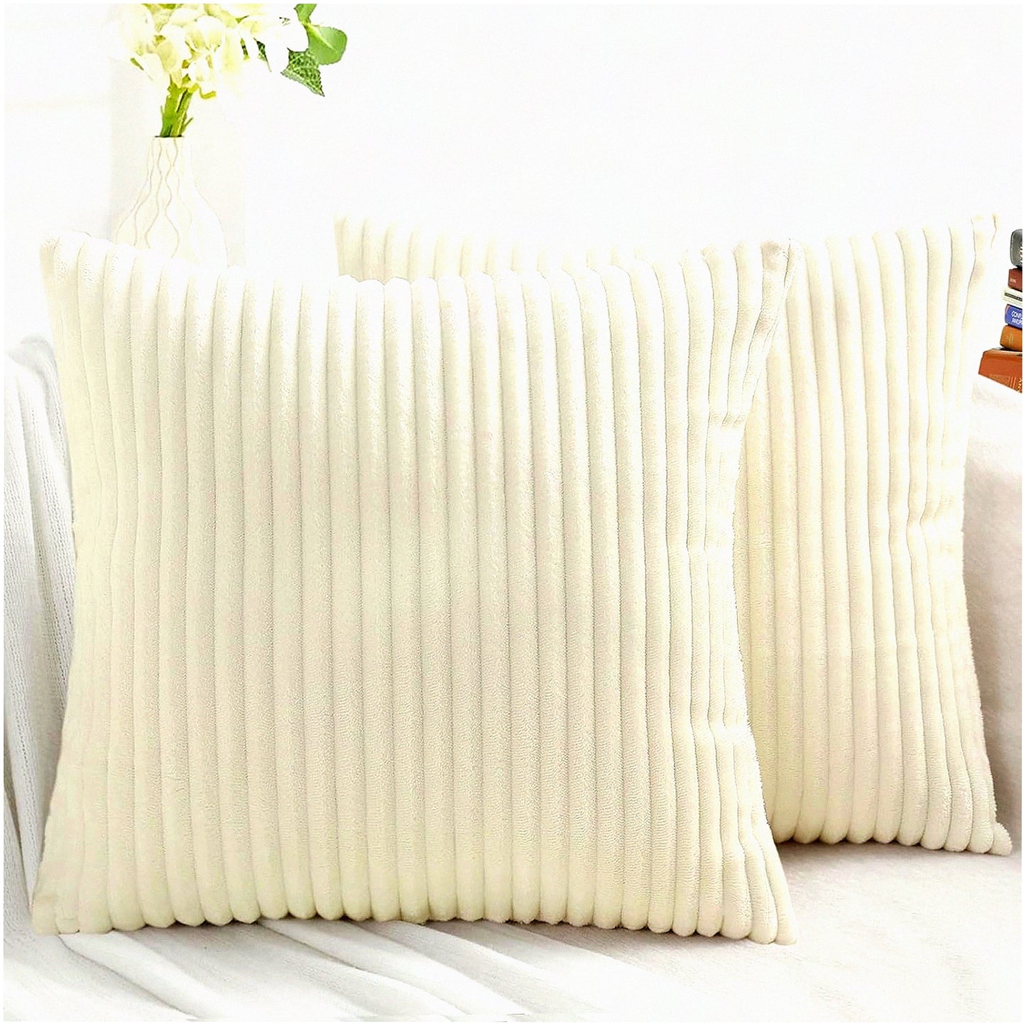 Fluffy Plush Flannel Pillow Covers - Set of 2 Decorative Throw Pillow Covers 18x18 for Sofa Living Room Home Decor - Cream White Double-Sided