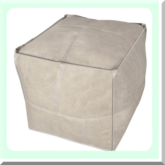 Outdoor Leather Moroccan Pouf Cover - Beige Square Ottoman for Living Room, Balcony, and Office - Unstuffed Ottomans 17.7"