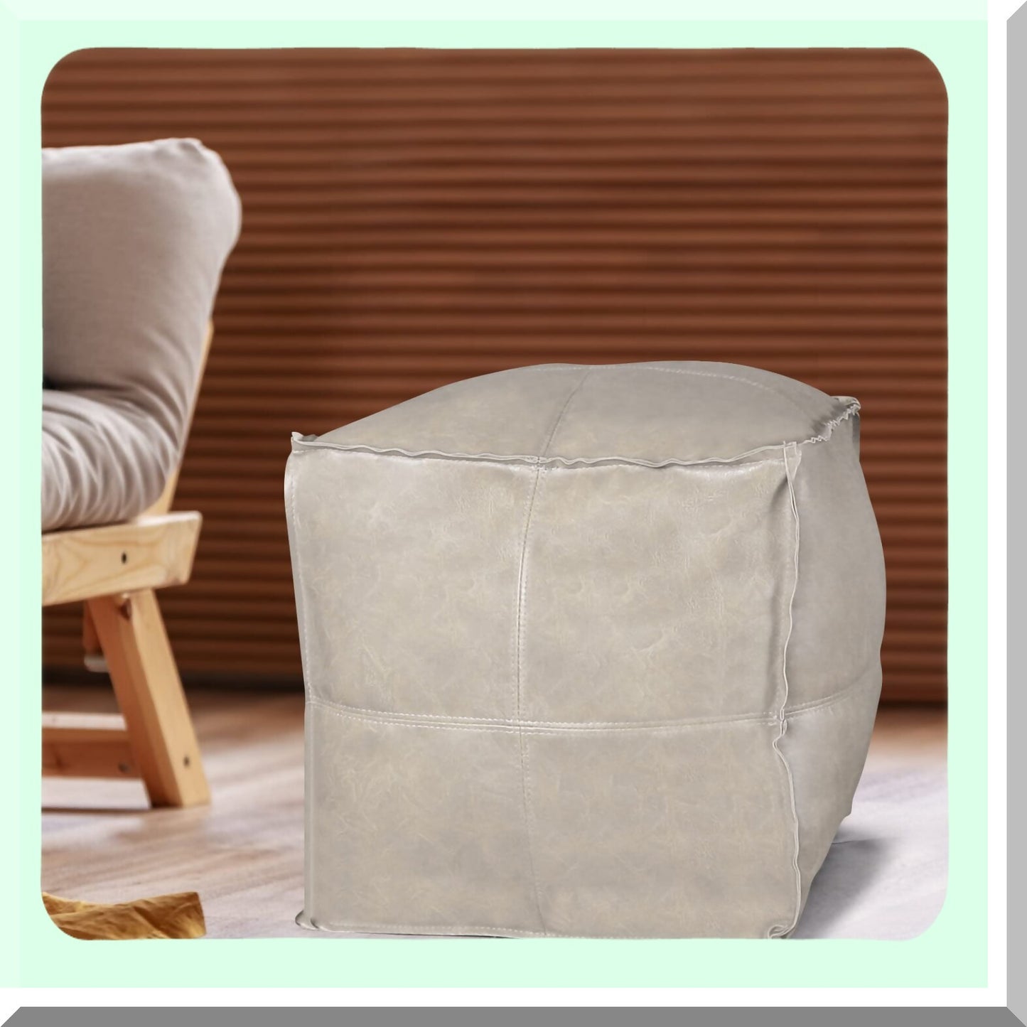 Outdoor Leather Moroccan Pouf Cover - Beige Square Ottoman for Living Room, Balcony, and Office - Unstuffed Ottomans 17.7"