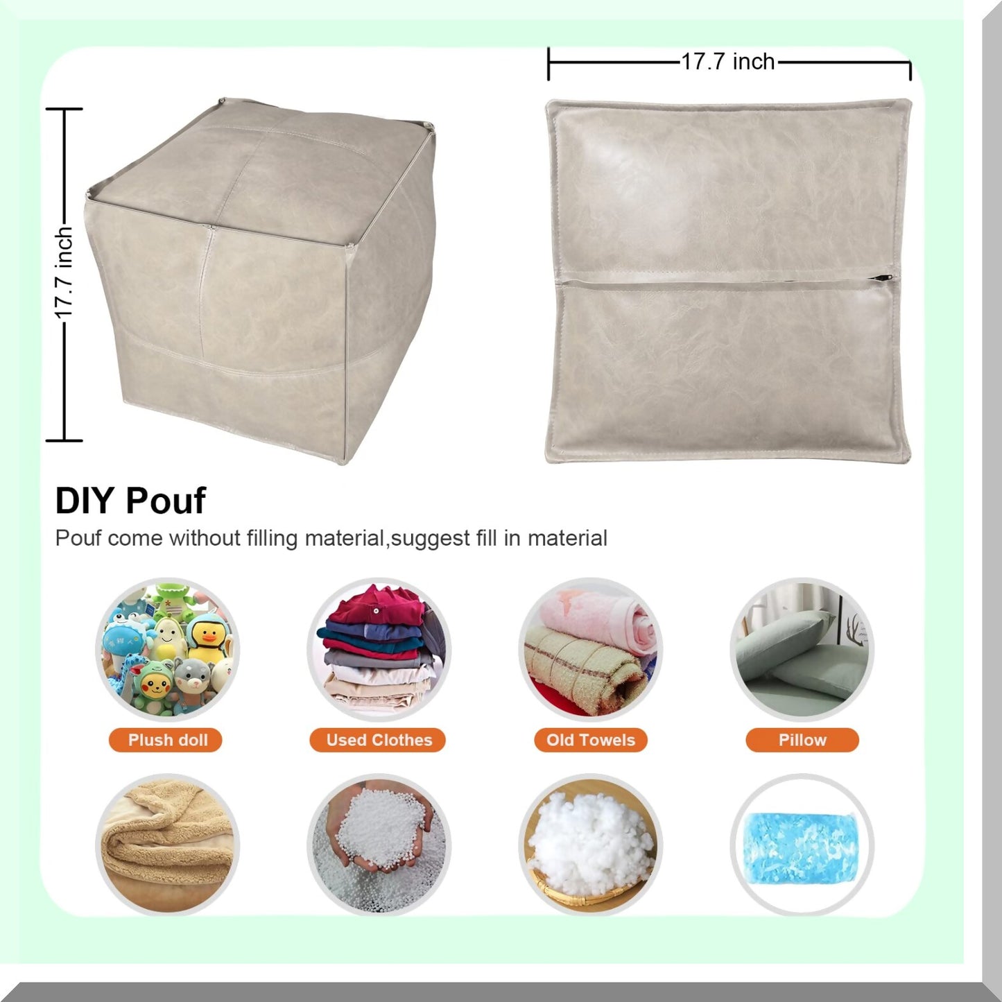 Outdoor Leather Moroccan Pouf Cover - Beige Square Ottoman for Living Room, Balcony, and Office - Unstuffed Ottomans 17.7"