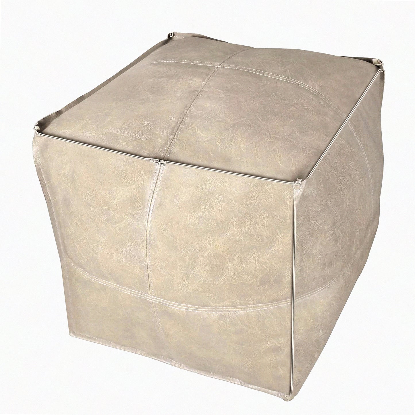 Outdoor Leather Moroccan Pouf Cover - Beige Square Ottoman for Living Room, Balcony, and Office - Unstuffed Ottomans 17.7"