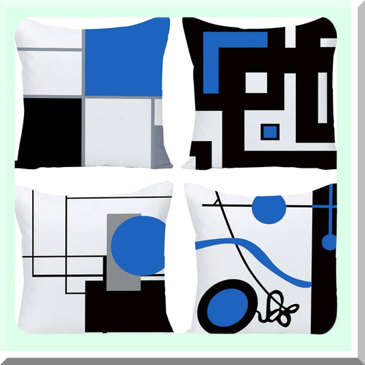 Modern Grid Stripe Decor Cushion Covers - Set of 4, 18" x 18" - Black Blue Grey Red Geometric Irregular Pillow Cases with Hidden Zipper - Home Decor for Couch Bed