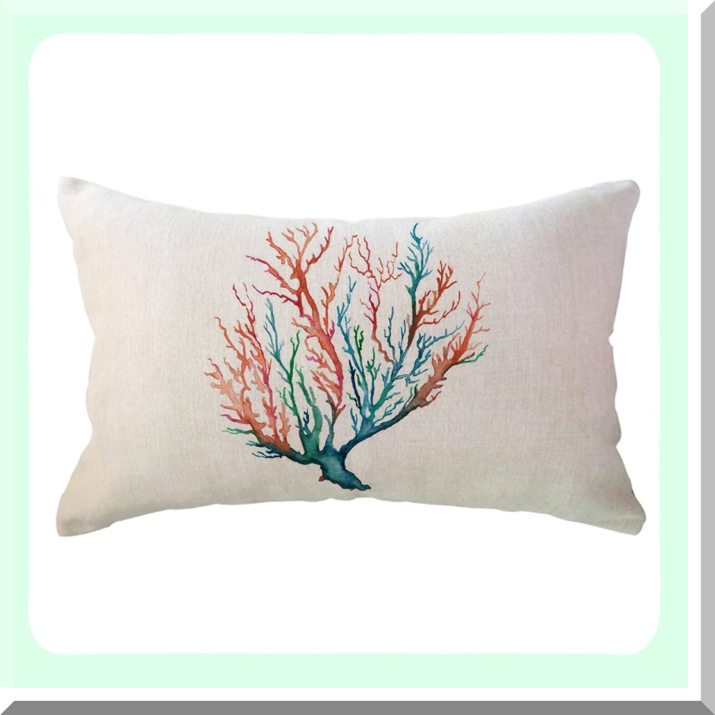 Coral Reef Watercolor Lumbar Pillow Cover - Sea Tree Foliage Nautical Ocean Beach House Decor - Decorative Pillowcase for Sofa Couch Bed - 12x20 Inch