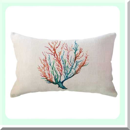 Coral Reef Watercolor Lumbar Pillow Cover - Sea Tree Foliage Nautical Ocean Beach House Decor - Decorative Pillowcase for Sofa Couch Bed - 12x20 Inch