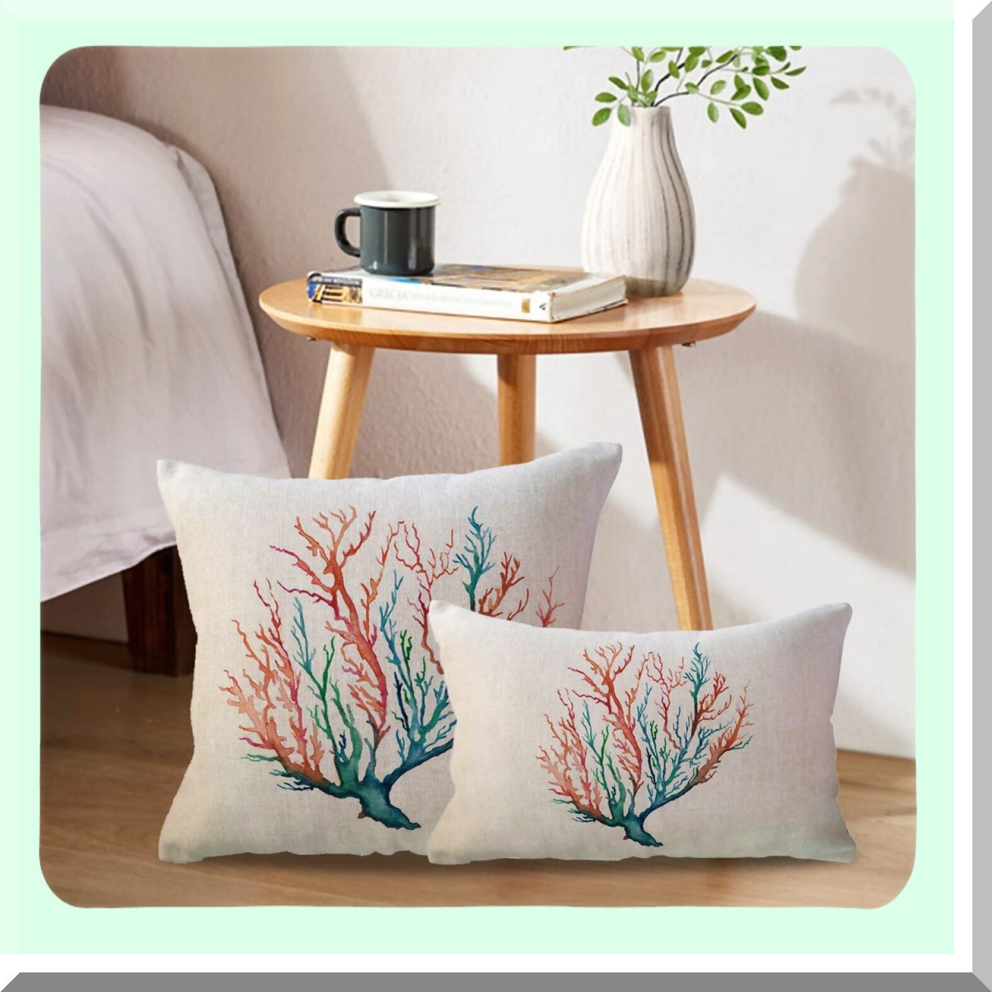 Coral Reef Watercolor Lumbar Pillow Cover - Sea Tree Foliage Nautical Ocean Beach House Decor - Decorative Pillowcase for Sofa Couch Bed - 12x20 Inch