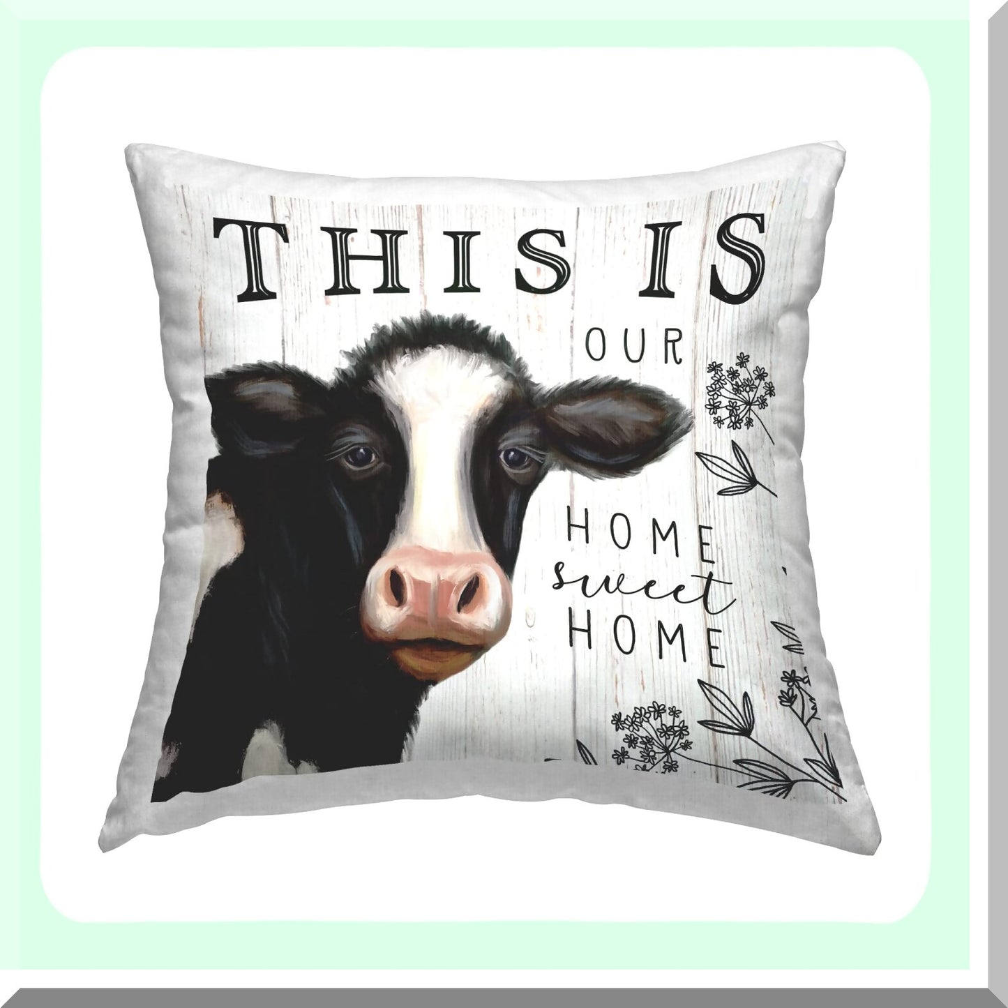 Sweet Home Cow Print Pillow - Farmhouse Decor 18x18 Off-White Cushion Cover - Elizabeth Tyndall Design - Decorative Throw Pillow for Living Room