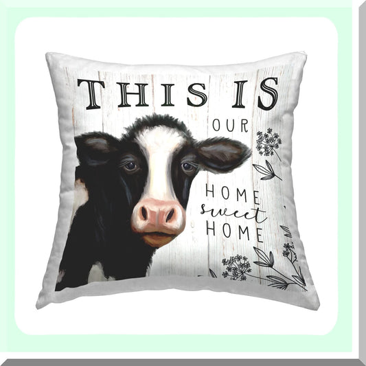 Sweet Home Cow Print Pillow - Farmhouse Decor 18x18 Off-White Cushion Cover - Elizabeth Tyndall Design - Decorative Throw Pillow for Living Room