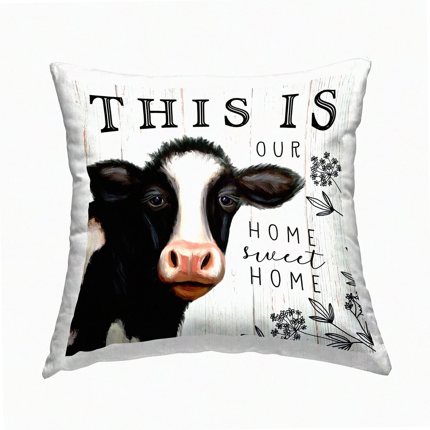 Sweet Home Cow Print Pillow - Farmhouse Decor 18x18 Off-White Cushion Cover - Elizabeth Tyndall Design - Decorative Throw Pillow for Living Room
