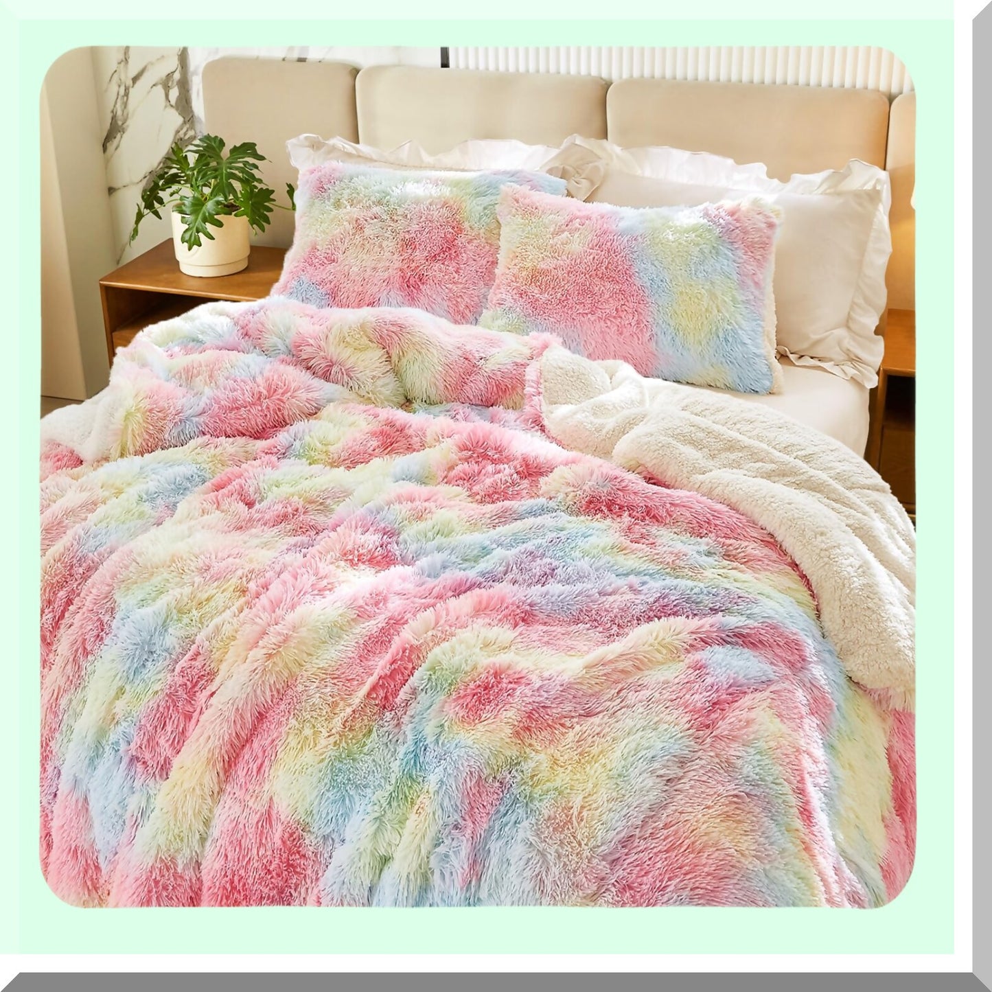 Rainbow Plush Comforter Set - Full/Queen Size, Shaggy Fluffy Long Hair, Reversible Sherpa Backing, Soft Microfiber Bedding, Super Warm Winter Bed Set