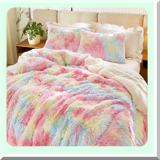 Rainbow Plush Comforter Set - Full/Queen Size, Shaggy Fluffy Long Hair, Reversible Sherpa Backing, Soft Microfiber Bedding, Super Warm Winter Bed Set