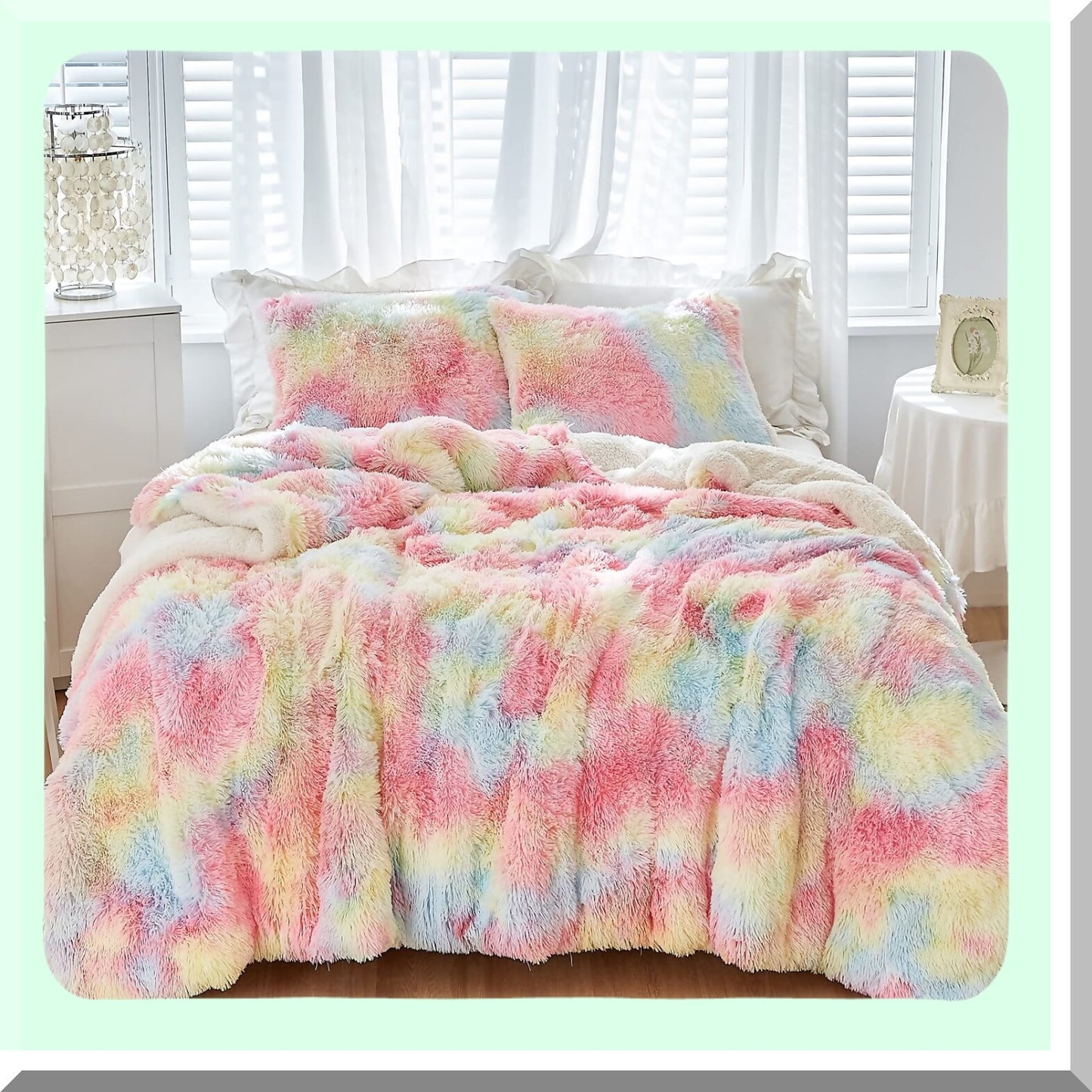 Rainbow Plush Comforter Set - Full/Queen Size, Shaggy Fluffy Long Hair, Reversible Sherpa Backing, Soft Microfiber Bedding, Super Warm Winter Bed Set