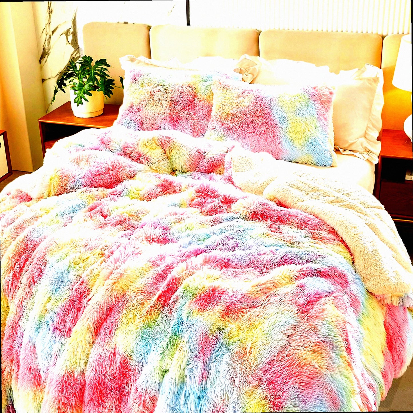 Rainbow Plush Comforter Set - Full/Queen Size, Shaggy Fluffy Long Hair, Reversible Sherpa Backing, Soft Microfiber Bedding, Super Warm Winter Bed Set