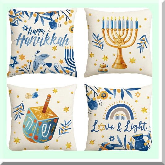 Hanukkah Love&Light Throw Pillow Set - Menorah Dreidel Holiday Cushion Covers for Sofa Couch, 16x16 Inch, Set of 4