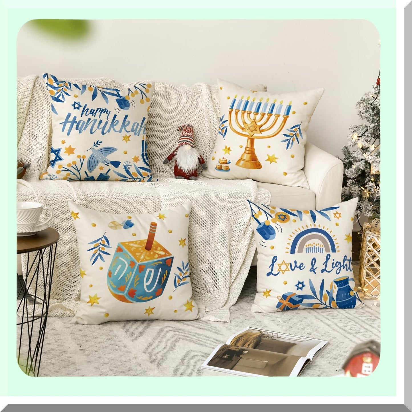 Hanukkah Love&Light Throw Pillow Set - Menorah Dreidel Holiday Cushion Covers for Sofa Couch, 16x16 Inch, Set of 4