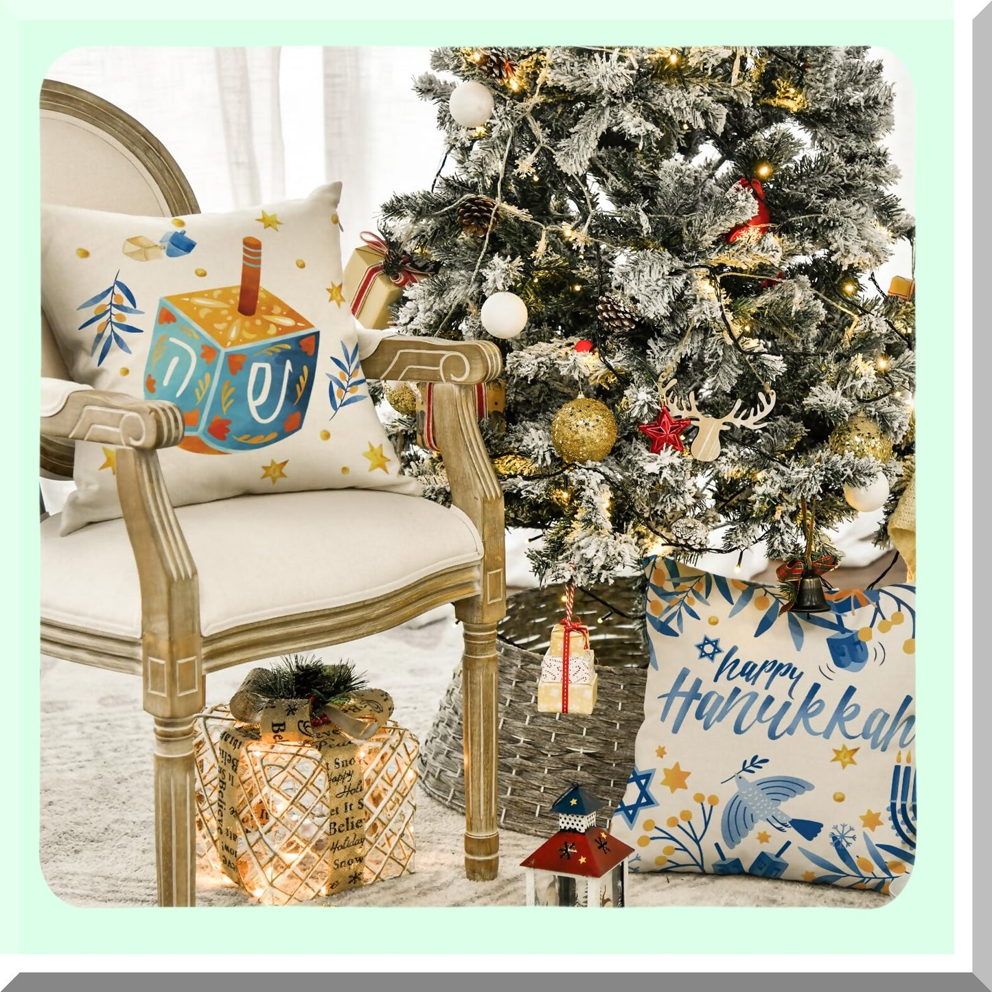 Hanukkah Love&Light Throw Pillow Set - Menorah Dreidel Holiday Cushion Covers for Sofa Couch, 16x16 Inch, Set of 4
