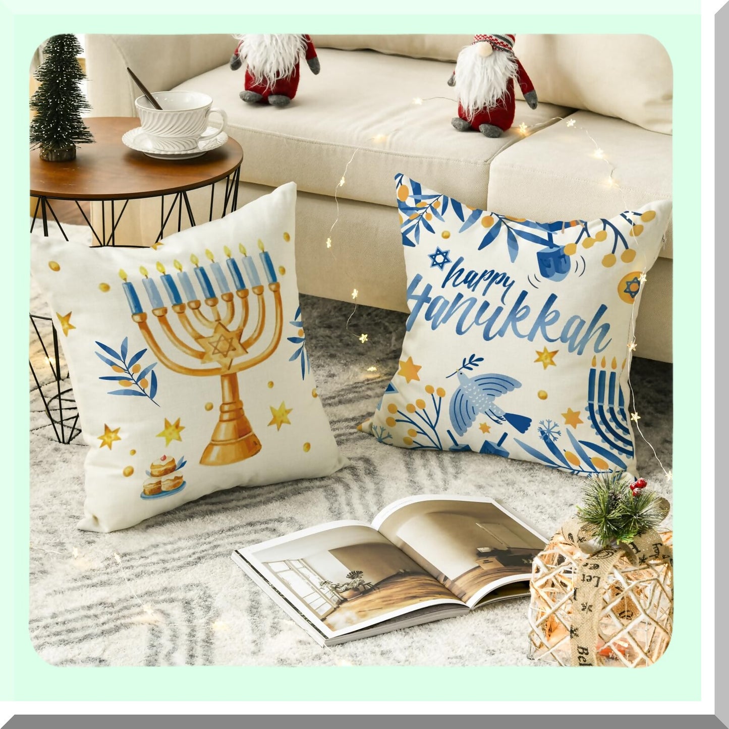 Hanukkah Love&Light Throw Pillow Set - Menorah Dreidel Holiday Cushion Covers for Sofa Couch, 16x16 Inch, Set of 4
