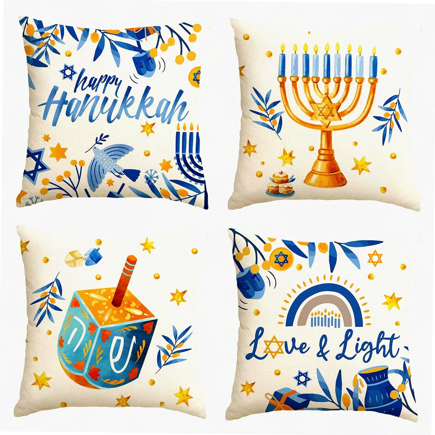 Hanukkah Love&Light Throw Pillow Set - Menorah Dreidel Holiday Cushion Covers for Sofa Couch, 16x16 Inch, Set of 4