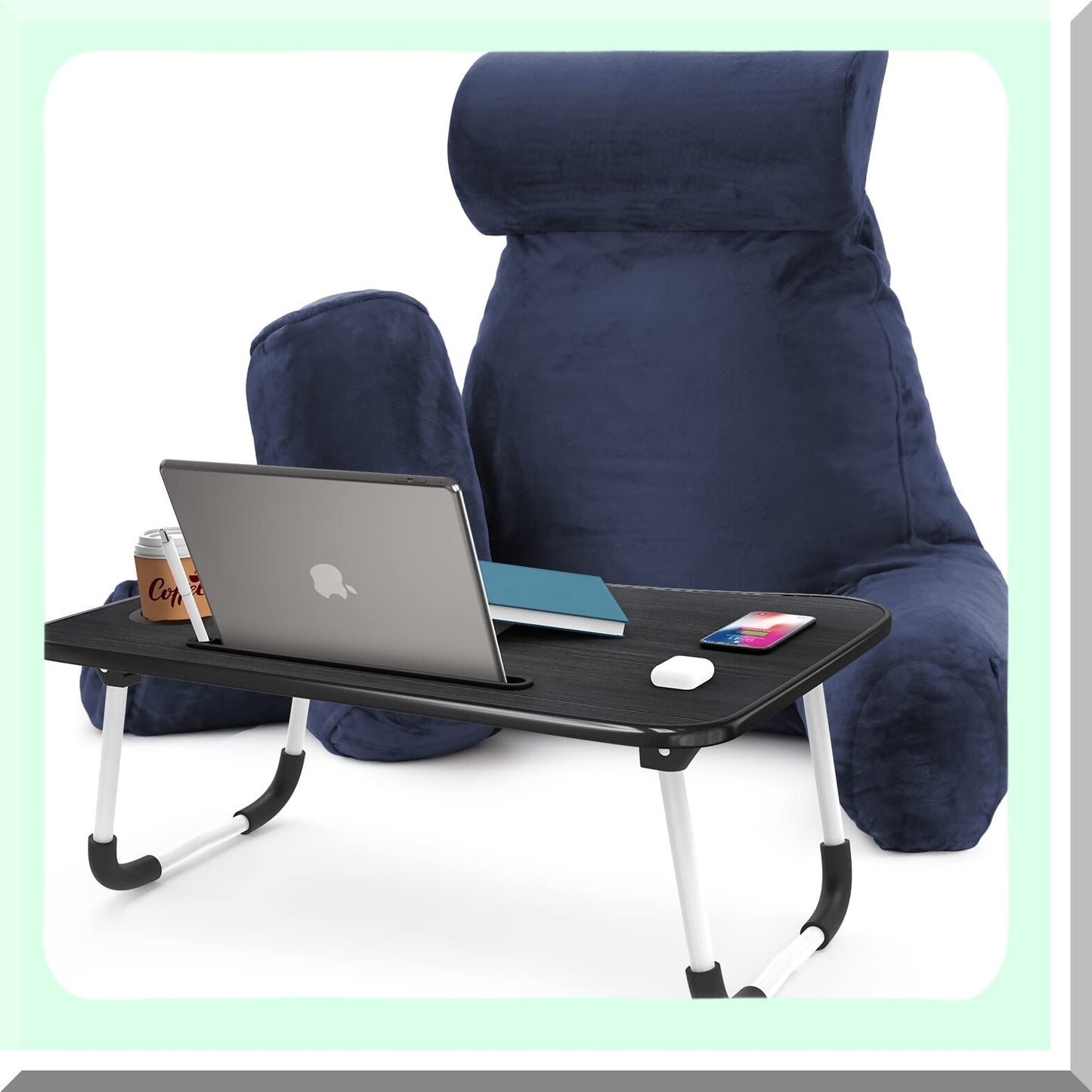 Navy Velvet Memory Foam Lap Desk Pillow - Back Support & Arm Rest for Bed Reading - Portable Laptop Lap Desk - Large Size Sitting Pillow