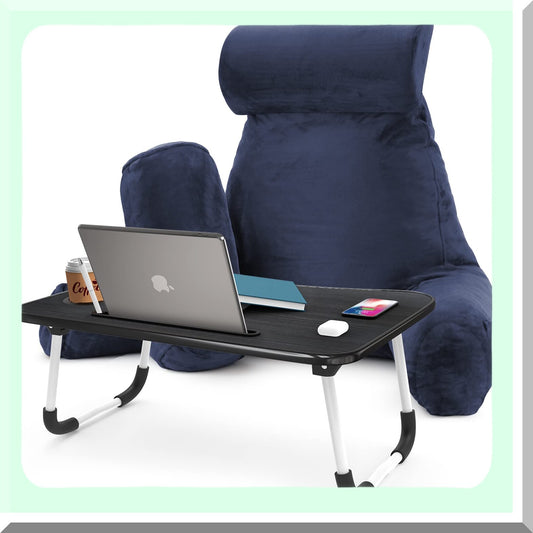 Navy Velvet Memory Foam Lap Desk Pillow - Back Support & Arm Rest for Bed Reading - Portable Laptop Lap Desk - Large Size Sitting Pillow