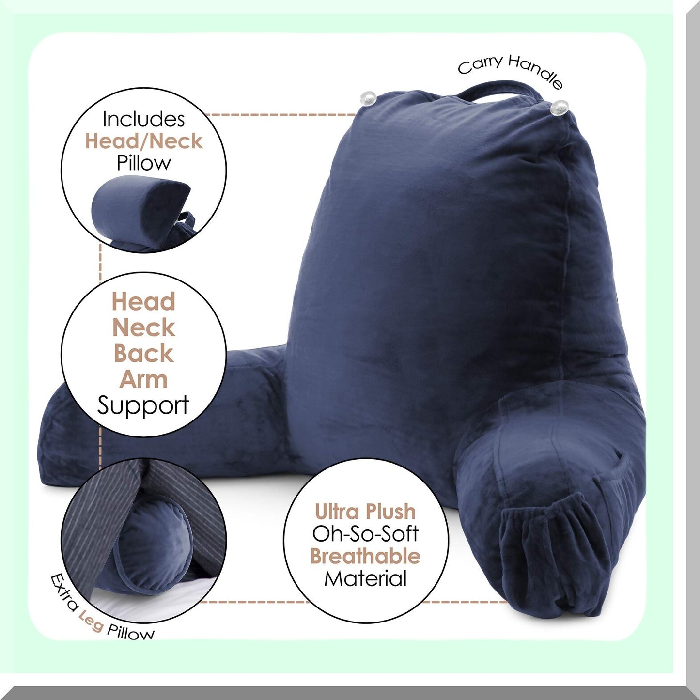 Navy Velvet Memory Foam Lap Desk Pillow - Back Support & Arm Rest for Bed Reading - Portable Laptop Lap Desk - Large Size Sitting Pillow