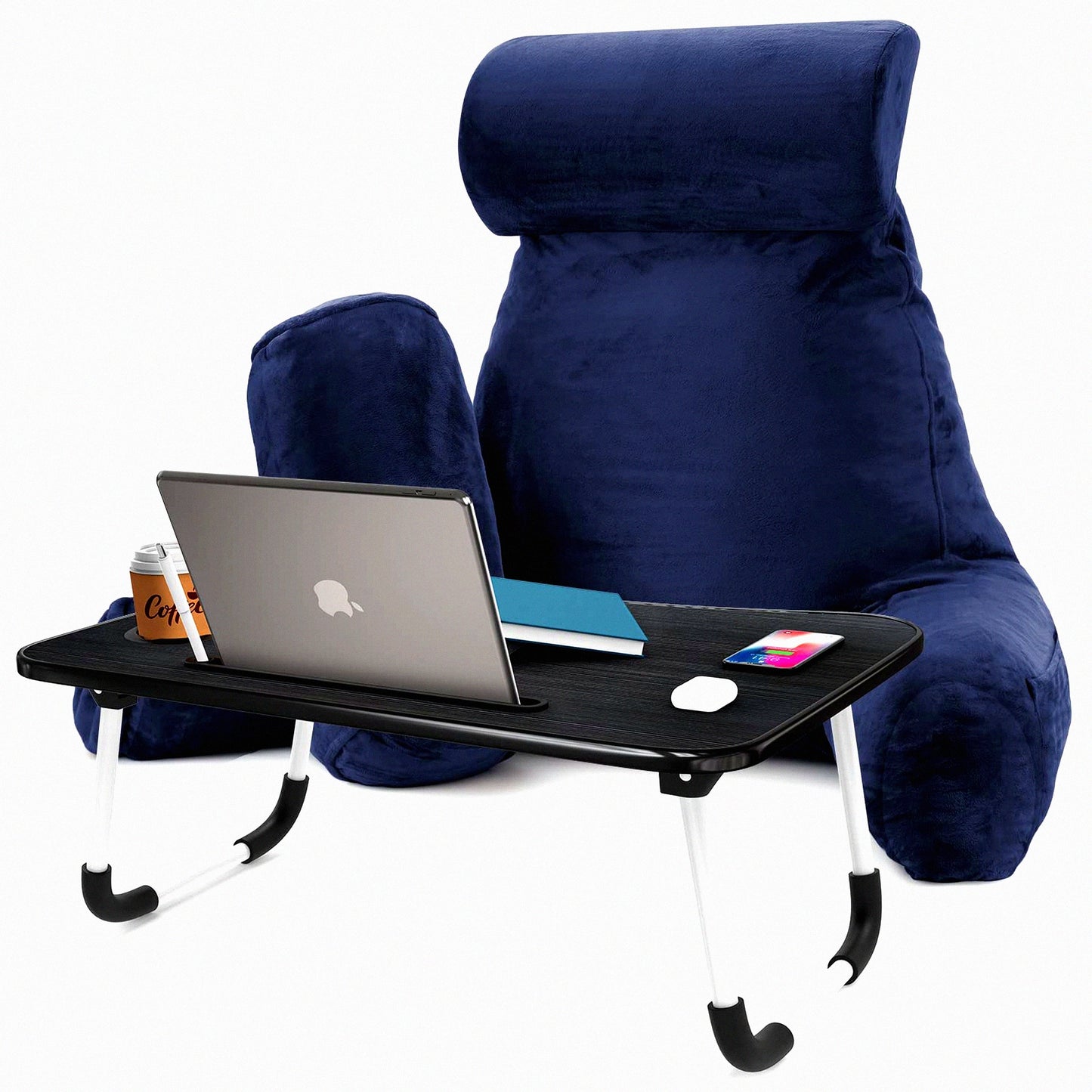 Navy Velvet Memory Foam Lap Desk Pillow - Back Support & Arm Rest for Bed Reading - Portable Laptop Lap Desk - Large Size Sitting Pillow