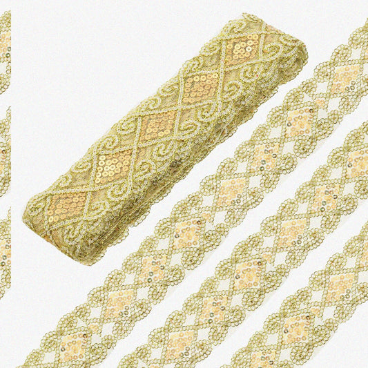 10 Yard Beaded Sequin Lace Trim 2.36 Inch Gold