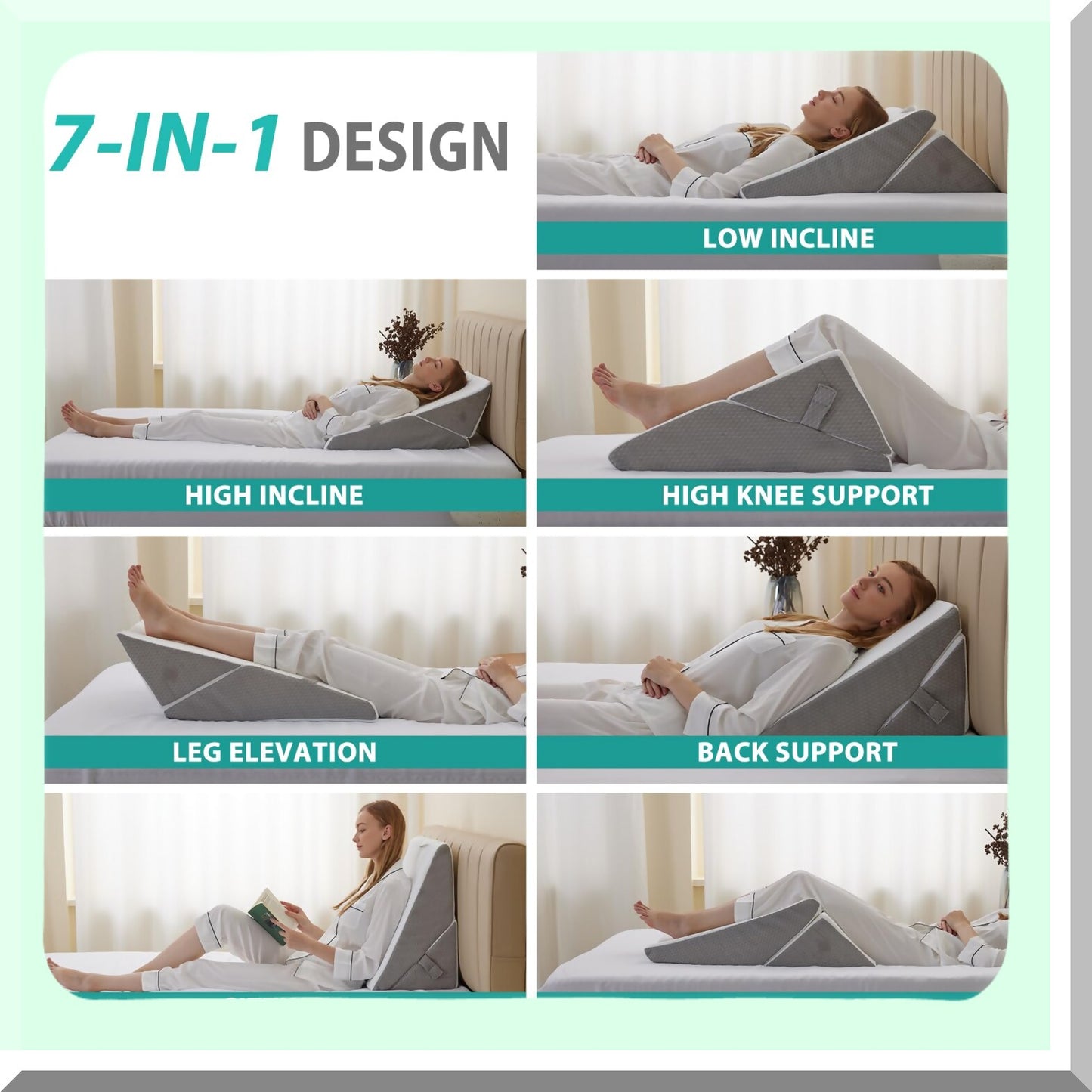 OrthoSleep Adjustable Memory Foam Wedge Pillow Set - 9&12 Inch Foldable Bed Wedge - 7-in-1 Elevated Pillows for Leg and Back Support - White/Grey