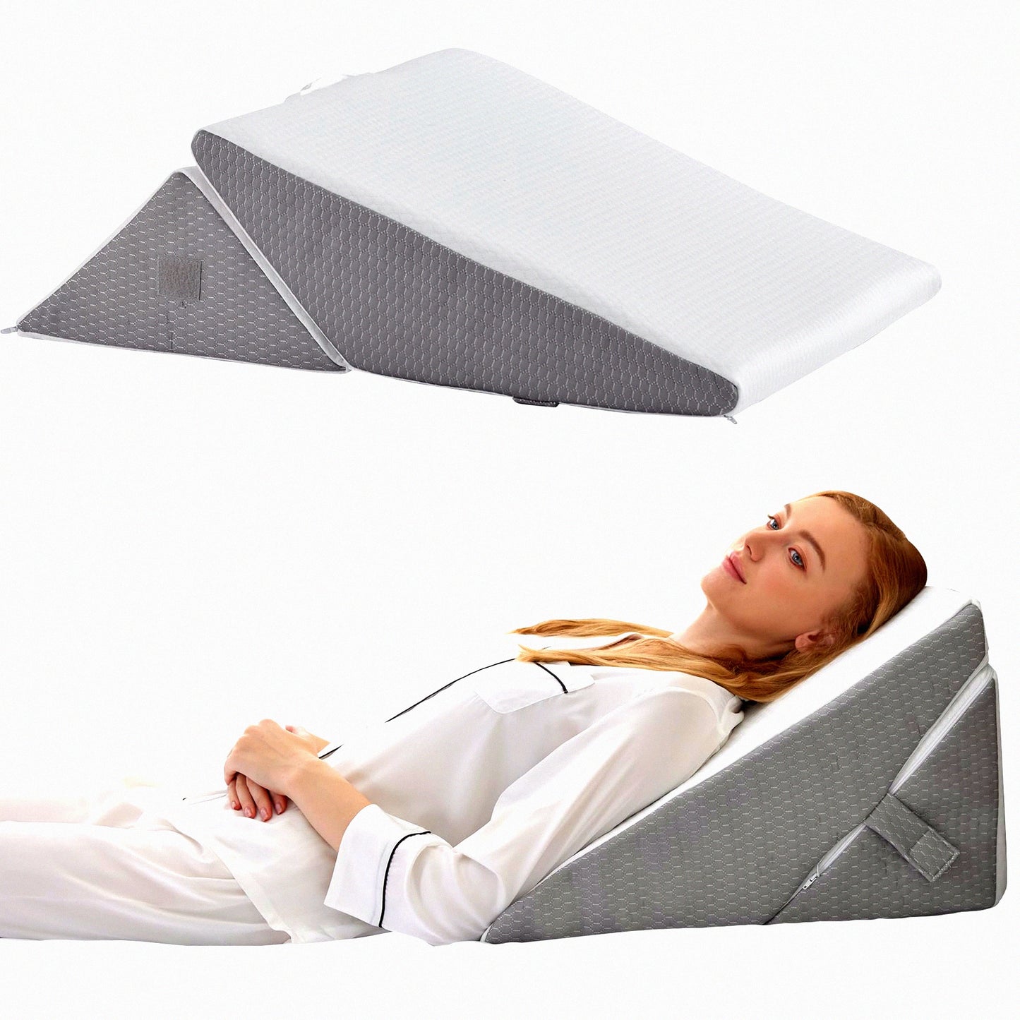 OrthoSleep Adjustable Memory Foam Wedge Pillow Set - 9&12 Inch Foldable Bed Wedge - 7-in-1 Elevated Pillows for Leg and Back Support - White/Grey